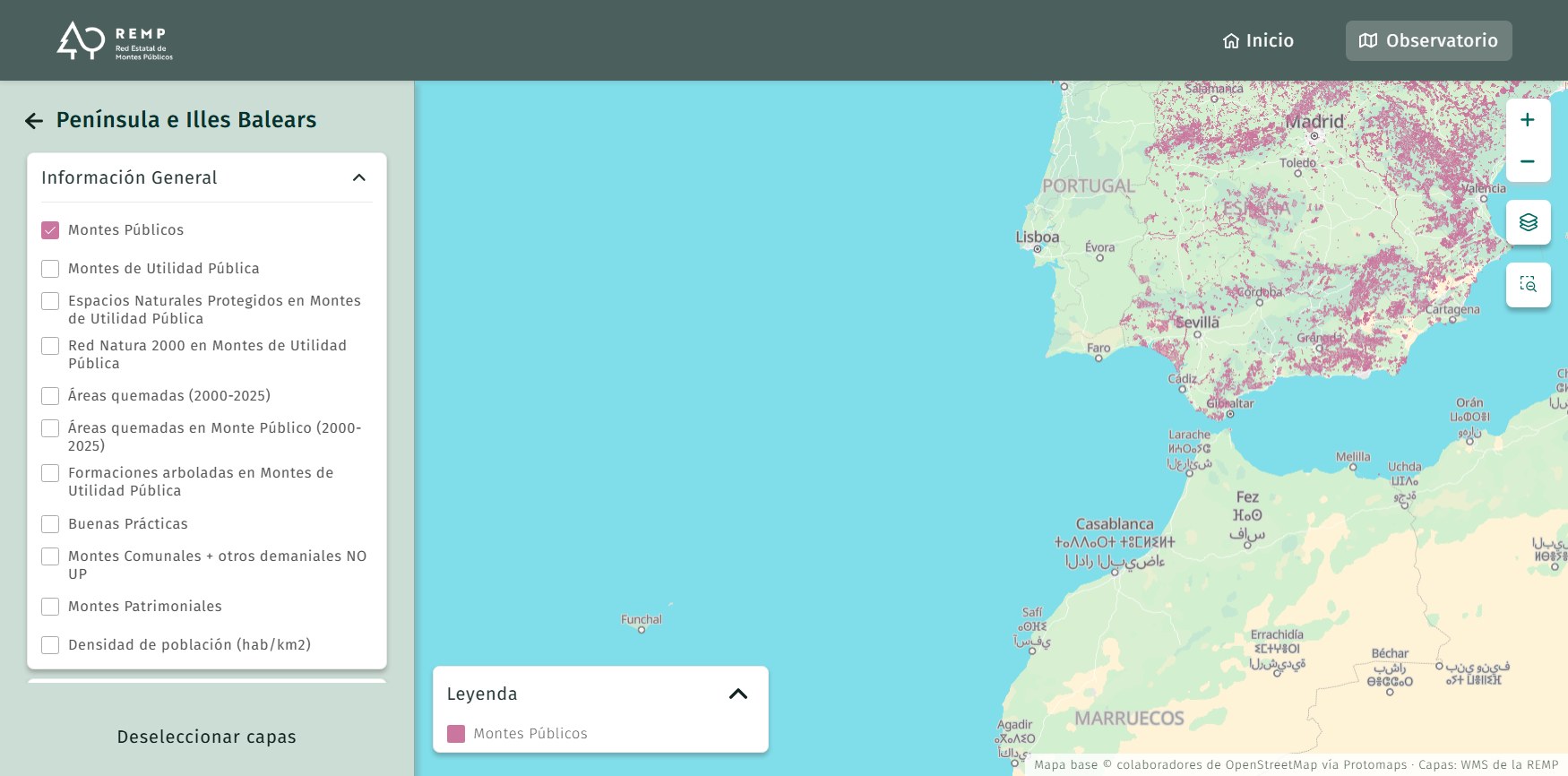 La columna de botones al borde derecho del mapa: más zoom, menos zoom, mapas base y vista inicial; abajo a la izquierda, la leyenda con la capa «Montes Públicos», que salpica de rosa la parte de la Península que entra en el encuadre, cortada por el borde derecho a la altura de Valencia.